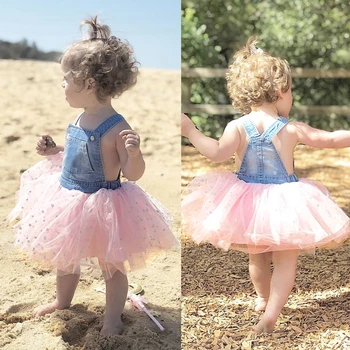 

2019 Summer Denim Toddler Kid Baby Girls Princess Sleeveless Dress Tutu Tulle Sundress