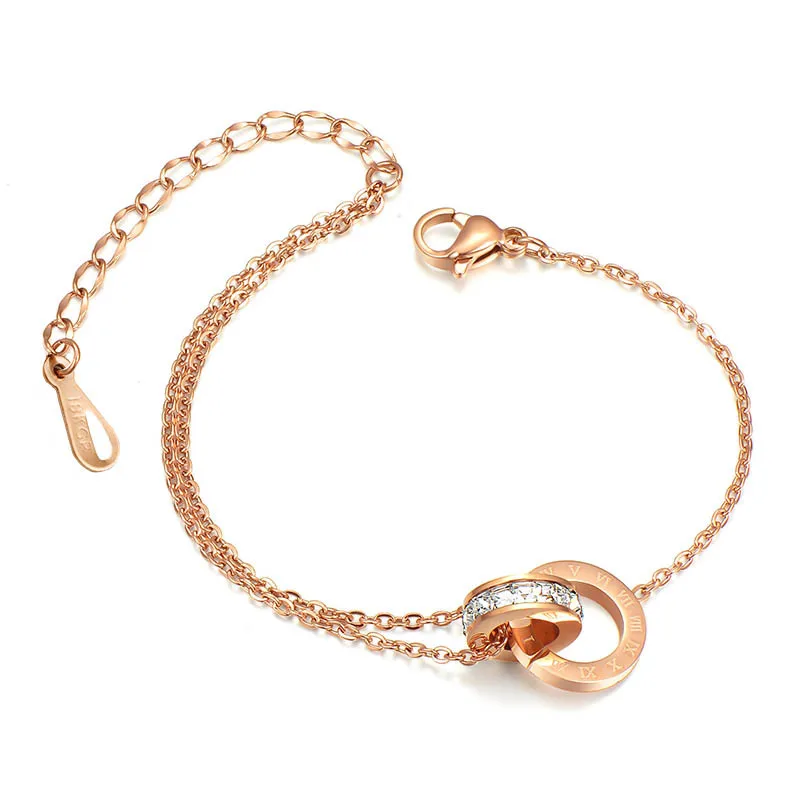 Silver Anklet Bracelet Ankle Chains Cubic Zirconia Anklet Beads Anklet Toe Foot Bracelet Fashion Accessories Titanium Steel Women Anklet Bracelet Double Circle Crystal Roman Numerals Foot Jewelry