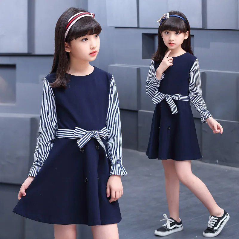 Платье в Вертикальную Полоску для девочек; детское платье с длинными рукавами; платье принцессы