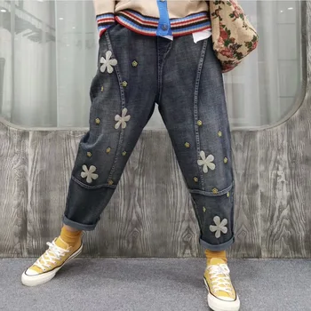 

Embroidery stitching loose big yard stretch autumn washed denim pant girl trousers joker haroun logn pants women