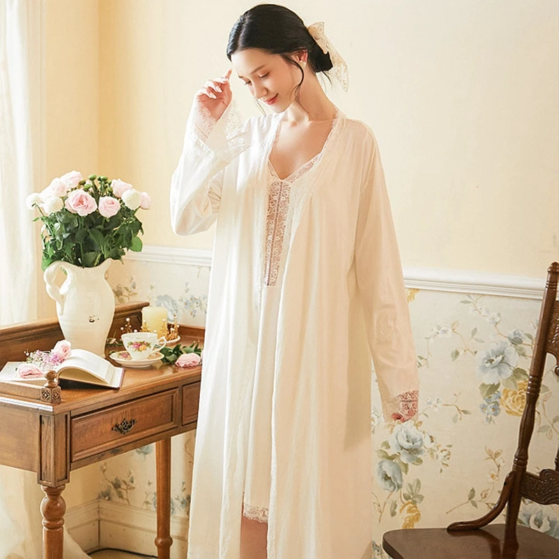 

Delicate Womens Long Sleeping Dress White Spring Autumn Nightgown Sleeve Nightdress Elegant Vintage Nightgowns Luxury Sleeping
