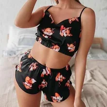 Комплект из двух предметов, сексуальная пижама животных, женские пижамные комплекты, атласная пижама без рукавов с V-образным вырезом, женские шорты Комплект из двух предметов, сексуальная пижама животных, женские пижамные комплекты, атласная пижама без рукавов с V-образным вырезом, женские шорты