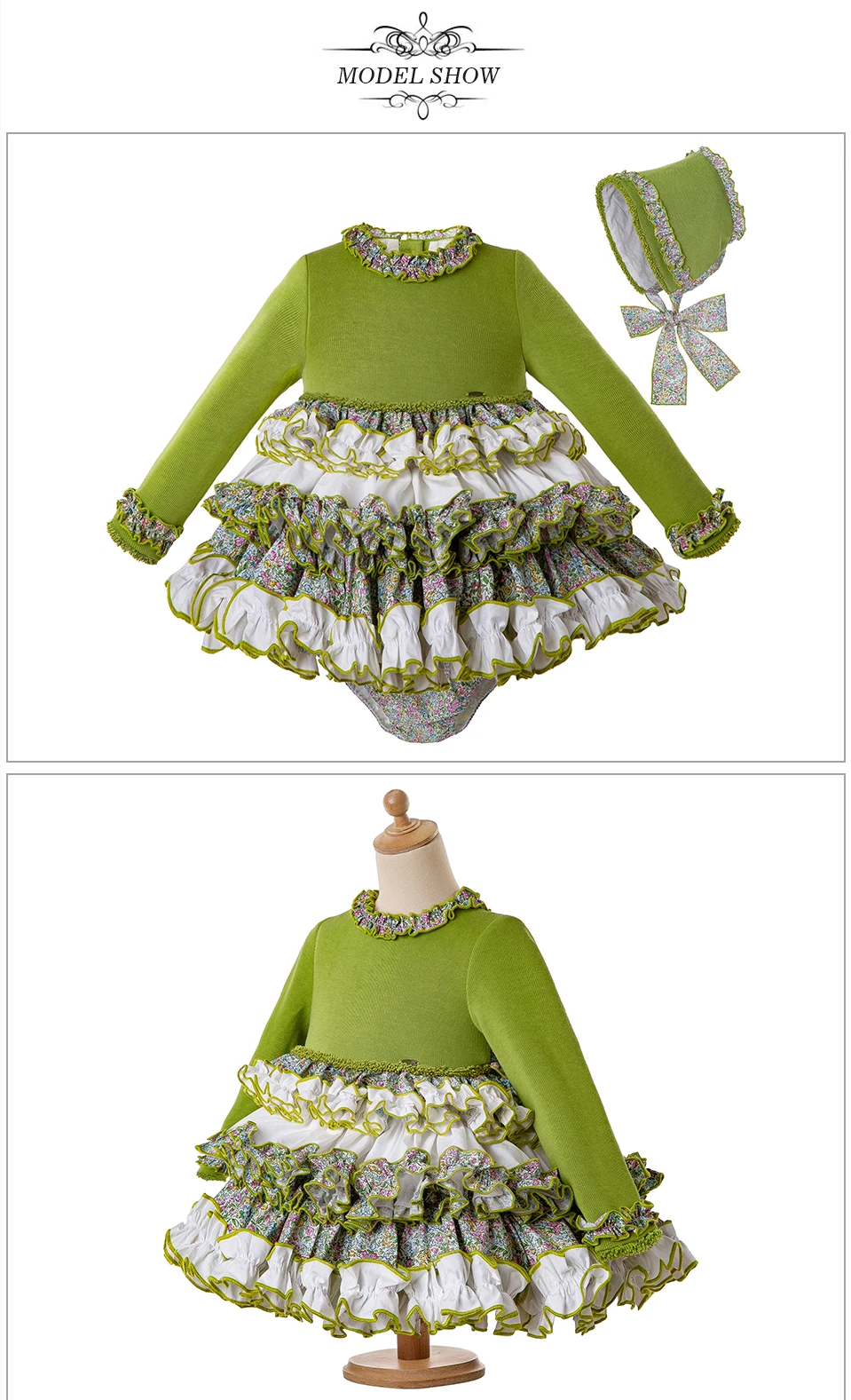 Pettigirl/зеленая одежда для младенцев детское вязаное Пышное Платье+ штаны+ шапочка с воротником с рюшами, осенний комплект для маленьких девочек, G-DMCS206-151