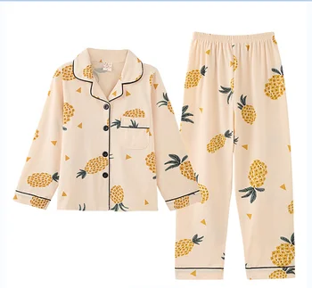 

Little Girls 2-Piece Pajama Set Pineapple Pattern Long Sleeve Button-Down Folded Collar Top Long Elastic Band Pant Sleepwear Set