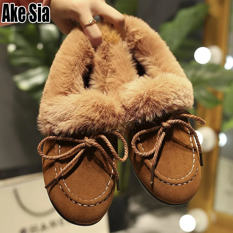 

TOP SALE Autumn Winter Women Ladies Casual Thicken Fur Flat Slip On Lazy Moccasin Botas Flat Lady Warm Brushed Boots Shoes C234