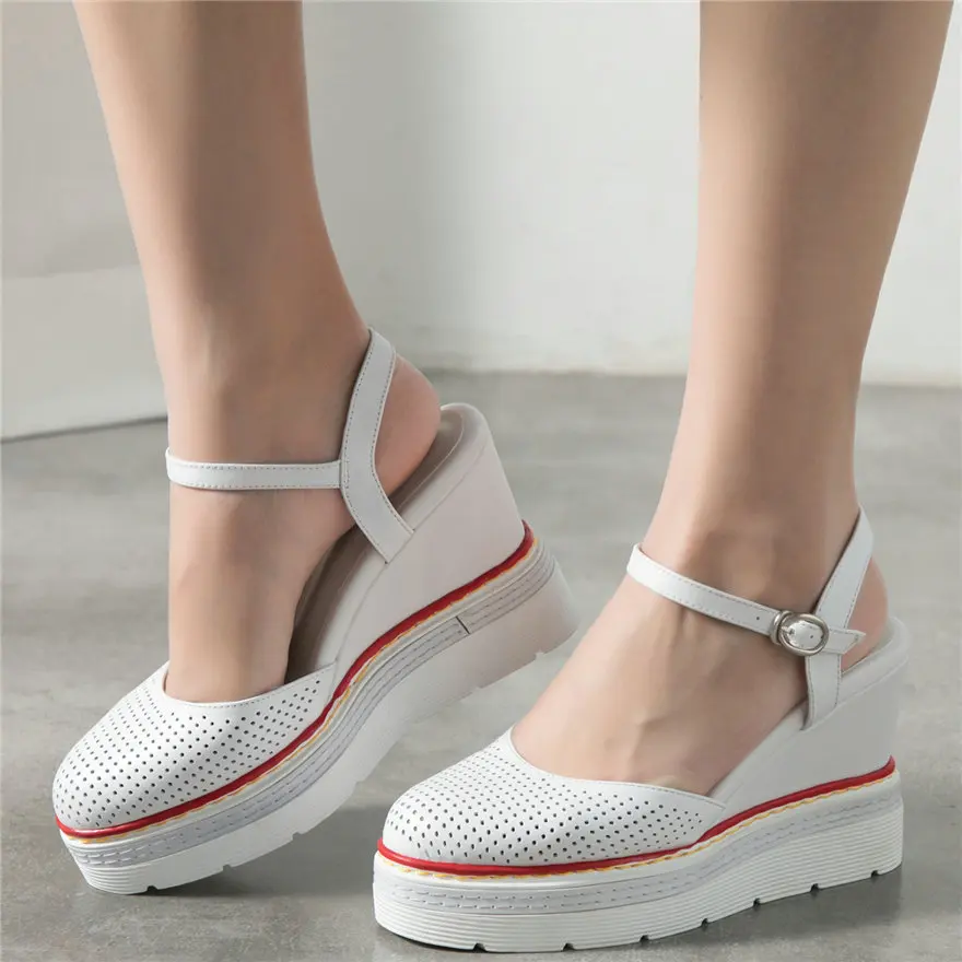 

Женские туфли на танкетке, летние туфли-лодочки из натуральной кожи с ремешком на щиколотке, с круглым носком, на платформе, гладиаторы, 2021