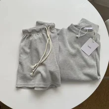 Ensemble de sport décontracté pour femmes, pull fin à manches courtes, col rond, T shirt à manches longues + short à jambes larges, deux pièces, été 
