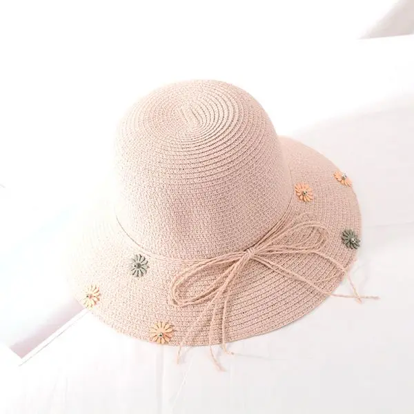Children pink Корейские соломенные шляпы от солнца для родителей и детей, женская кепка, Пляжная летняя Гибкая шляпа для девочек с бантом, цветочное ведро, шляпы - Цвет: Children pink