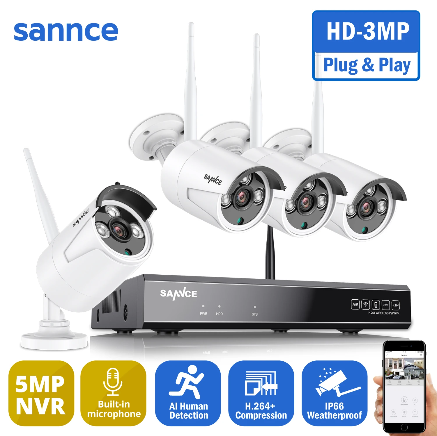 Sannce 3mp WLAN cámara de vigilancia 5mp NVR con micrófono cámaras IP acceso remoto 
