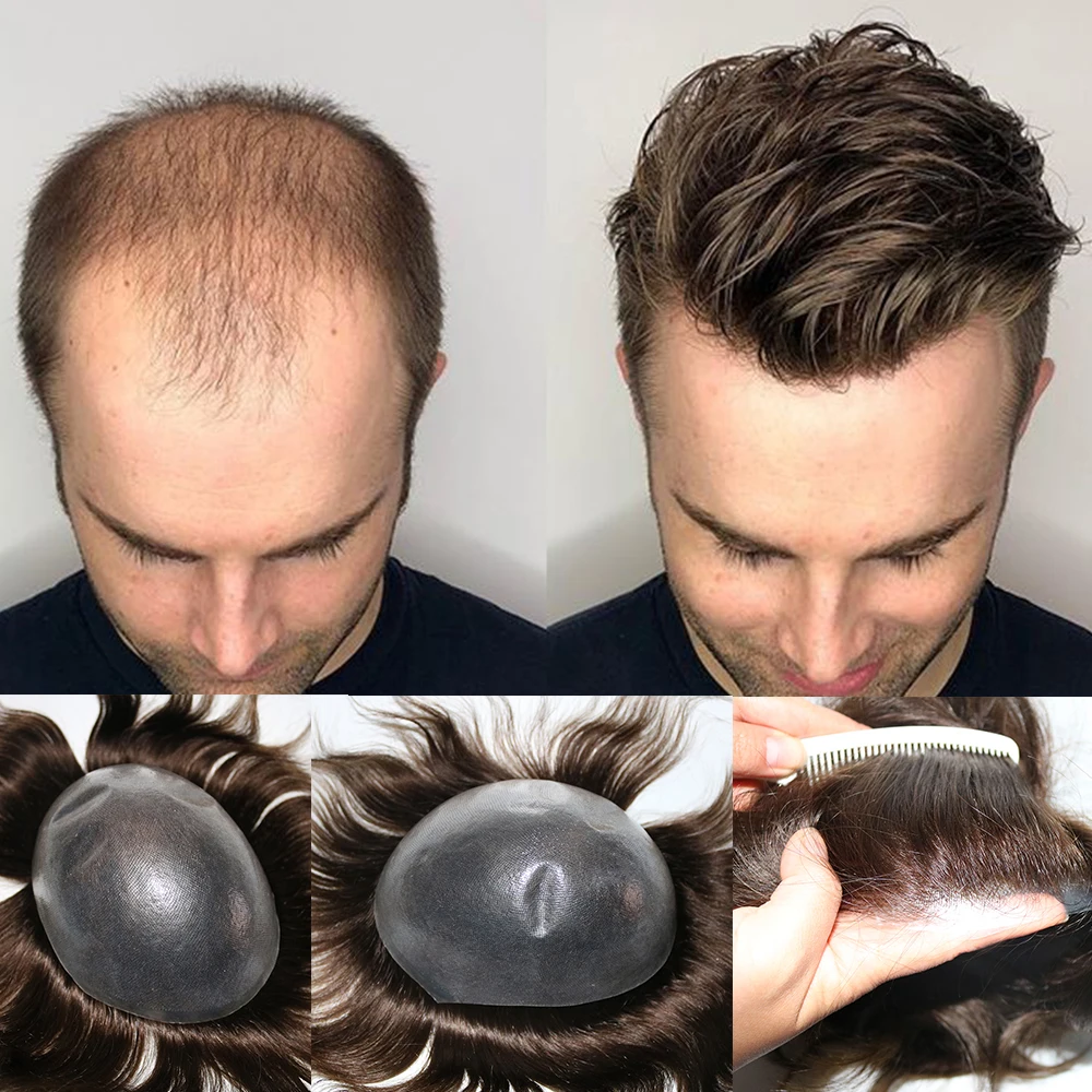 0.06 -0.08mm Thin Skin Men's Toupee Real Human Hair Pieces Natural Hairline Virgin Hair Replacement System For Men Natural 0.06 -0.08mm Thin Skin Men's Toupee Real Human Hair Pieces Natural Hairline Virgin Hair Replacement System For Men Natural