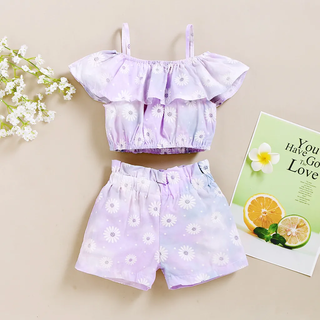 Toddler Baby Girls Ruffle Floral Print Suspender Vest Tops+Shorts Outfits SetClothing Sets