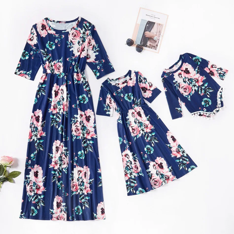 

2020 New Spring Summer Mother Daughter Flower Print Dresses Family Matching Outfits Clothes Mom Ane Me Half Sleeve Cute Dress