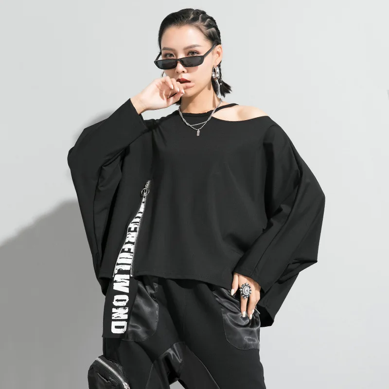 

Fashion Pullover Strapless Long Sleeve Tees And Tops For Women Streetwear Hollow Out Shoulder Zipper letter Printing T Shirt
