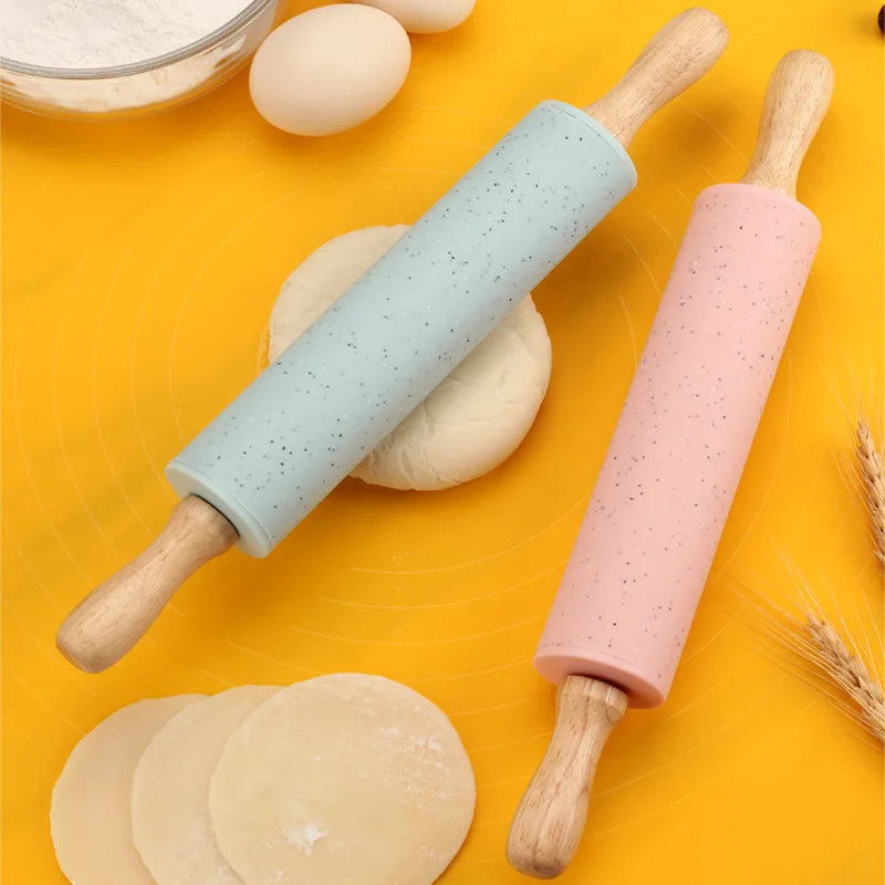 Wooden Handle Silicone Rolling Pin Non stick Pastry Dough Roller