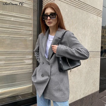 

Mnealways18 Casual Breasted Plain Gray Coat Woman Blazer Long Sleeve Pocket Office Work Jacket Fall Winter Business Suit Outwear