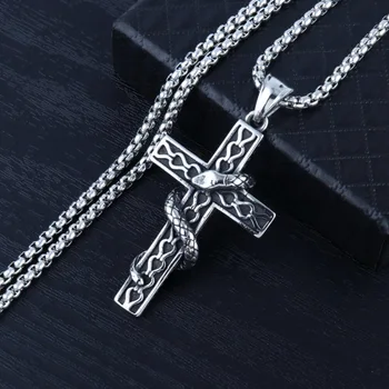 

HNSP Punk Snake Cross Necklace Men Pendant 3.0MM Stainless Steel Chain Male Jewelry