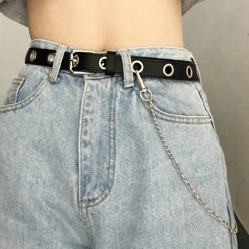 

Women Punk Chain Fashion Belt Adjustable Double/Single Row Waistband Eyelet Belt with Chain Decorative Belts Jeans Female Belts