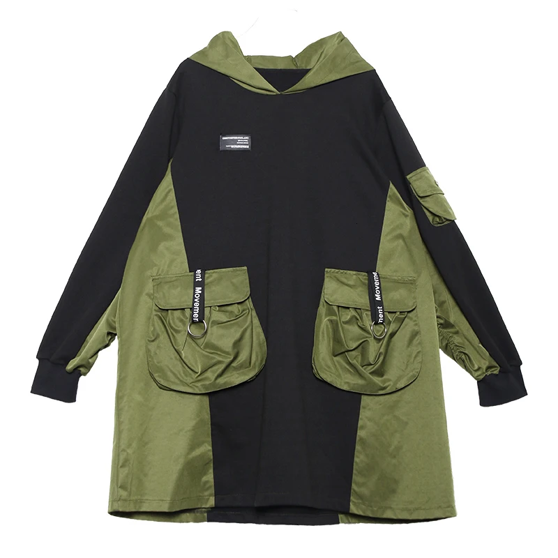 [EAM] Pocket Contrast Color Loose Fit Sweatshirt New Hooded Long Sleeve Women Big Size Fashion Tide Autumn Winter 1M641 - Цвет: black