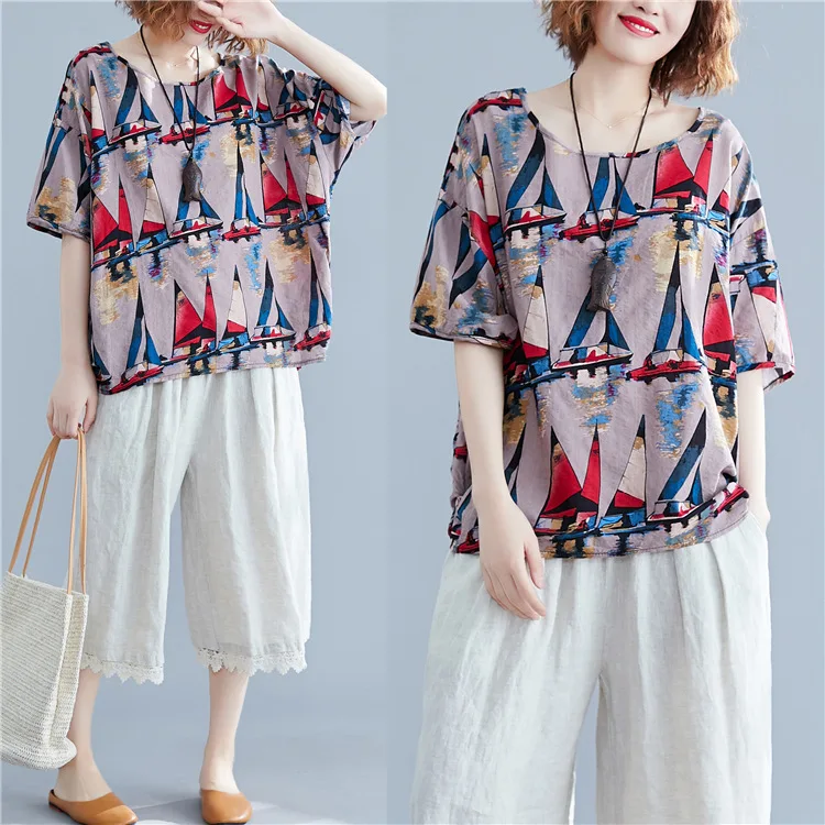 2019 Summer Wear New Style Korean-style Literature And Art Printing Short-sleeved T-shirt Fat Mm Slimming Comfortable Crew Neck 2019 Summer Wear New Style Korean-style Literature And Art Printing Short-sleeved T-shirt Fat Mm Slimming Comfortable Crew Neck