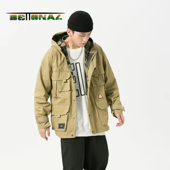 

Autumn vintage safari style hip hop jacket men coats streetwear hoodies Multiple pockets Loose youth clothes male clothing Japan