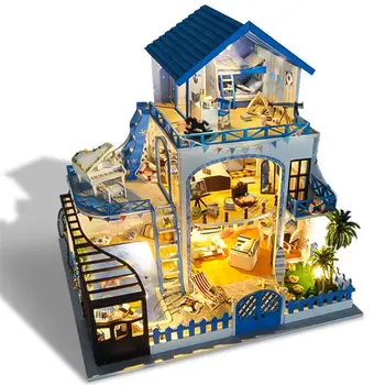 

Children Doll House Toy DIY Small House Love Sea Villa Miniature Wooden Doll House With Music Light Without Dust Cover