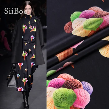 

Ice cream print black white 100% silk crepe de chine fabric for dress shirt natural silk tissu telas tecidos stoffen 12mm SP4379