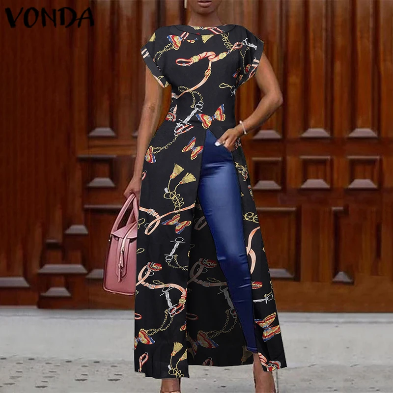 VONDA Split Hem Blouse Women Tunic Vintage Printed Long Shirts 2021 Summer Tops Female Casual Party Blusas |