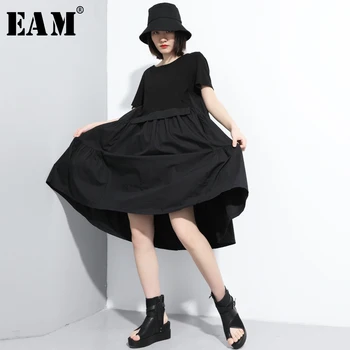 

[EAM] Women Black Pleated Asymmetrical Big Size Dress New Round Neck Short Sleeve Loose Fit Fashion Spring Summer 2020 1T881