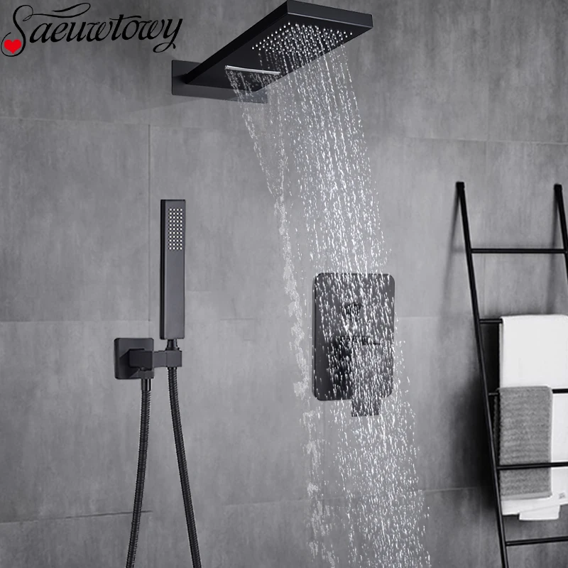 Matte Black Waterfall Rain Shower Faucet Set In Wall Shower Column