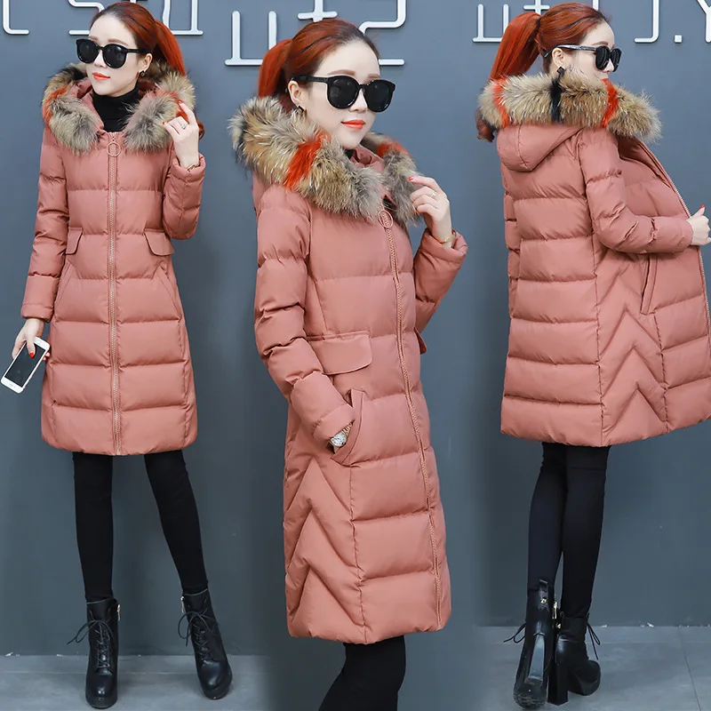 

2019 Autumn And Winter Thick Zipper Mid-length Cotton-padded Clothes Women's Korean-style Color Large Fur Collar over-the-Knee S