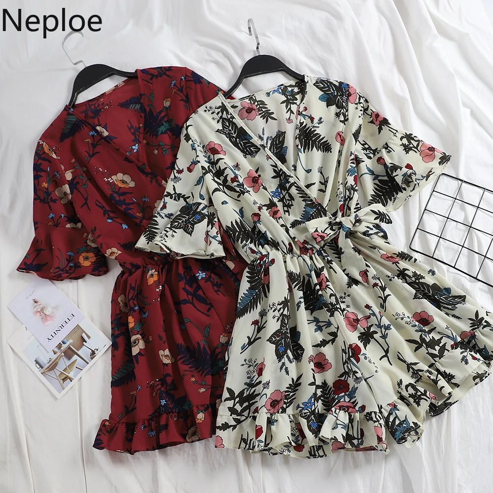 

Neploe V Neck Flare Short Sleeve Print Wide Leg Jumpsuit Holiday Beach Multicolor Ruffles Bodysuit High Waist Hip Playsuit 81268