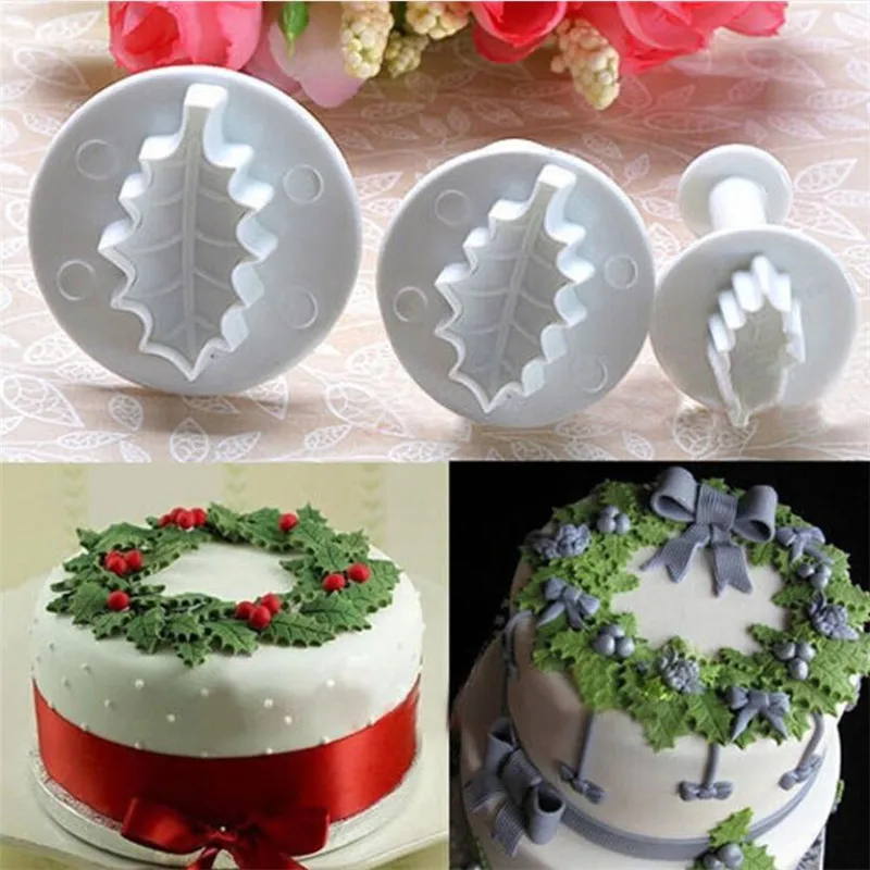3 Pc/Set 3D Christmas Holly Leaf Leaves Cookie Plunger Cutter Fondant Sugarcraft Mold Cake Decoration Mould Baking Tools
