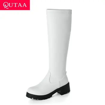 

QUTAA 2020 PU Leather Round Toe Platform Concise Knee High Boots Square High Heel Slip on Winter Warm Fur Women Shoes Size 34-43