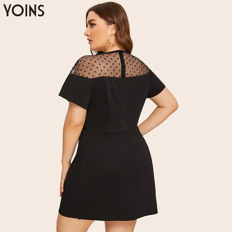 YOINS винтажное Сетчатое мини-платье в горошек с круглым вырезом и коротким рукавом Женские Элегантные платья размера плюс вечерние платья для свиданий Vestidos
