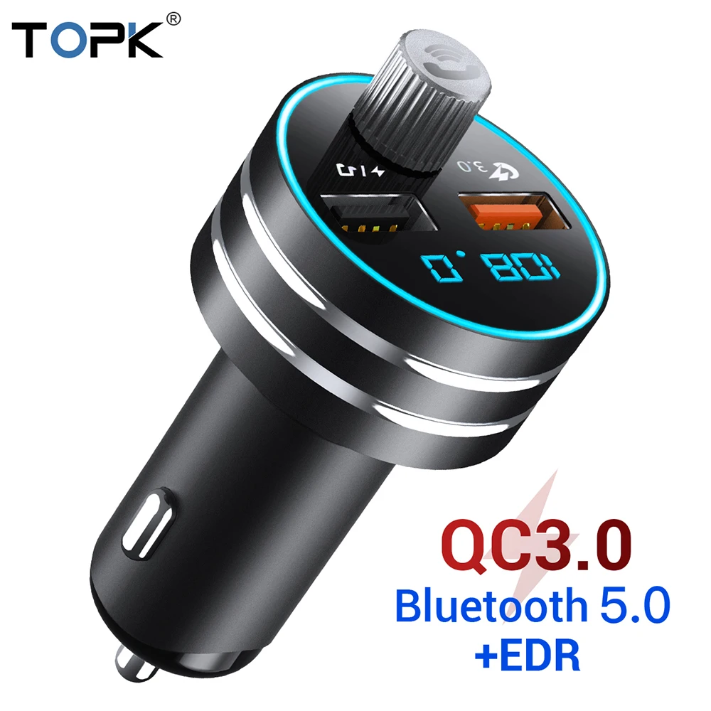 

TOPK USB Car Charger Quick Charge 3.0 Dual USB Mobile Car Phone Charger with Bluetooth 5.0 FM Transmitter HandFree MP3 TF Card