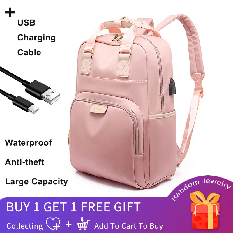 

Women's Computer Backpack Oxford USB Charging School Bags for Teenage Girls 14 Inch Ladies Casual Waterproof Pink Back Pack