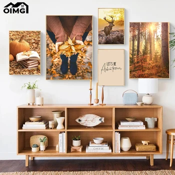 Deer Forest Squirrel Poster Pumpkin Book Woman Canvas Prints Autumn Landscaqpe Painting Nordic Wall Art Picture Livingroom Decor 2