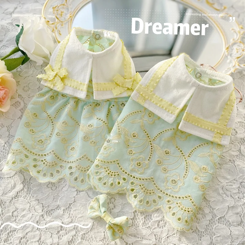 

Original Design Handmade Adorable Dog Clothes Pet Couple Dress Unique Fresh Light Green Hollow Out 100%Cotton Shirt Tee Maltese