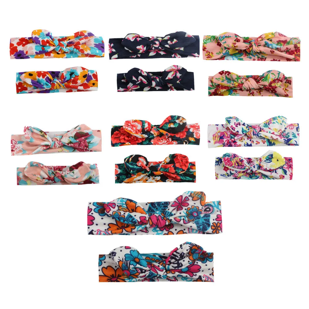 

2pcs / set of Bohemian headband with knot on top of turban rabbit ear elastic bow to match headband for newborn and Mommy