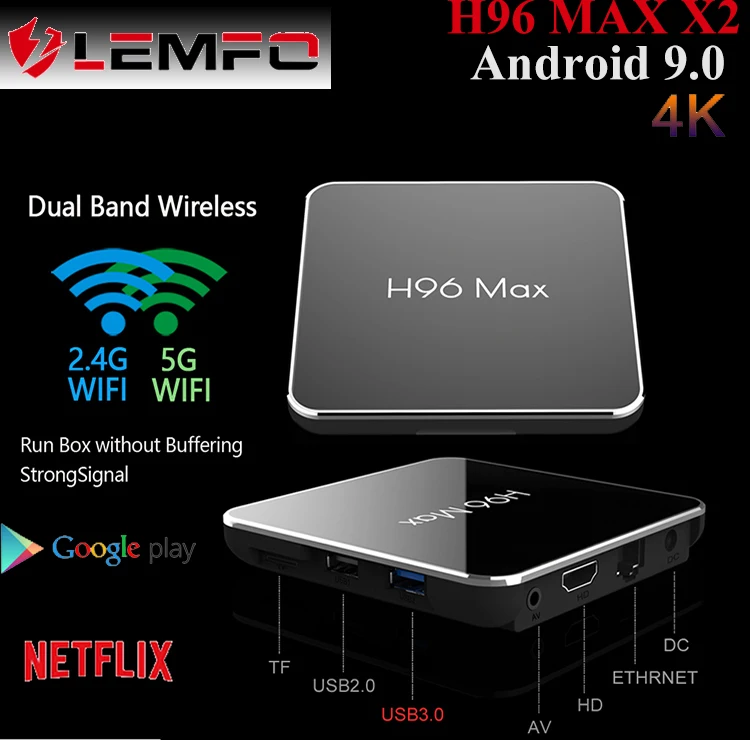 

LEMFO 9.0 Android TV Box H96 MAX X2 4K 3D 4GB RAM 64GB 32GB H.265 2.4/5G WiFi HDMI 2.0 Netflix YouTube Google Player Set Top Box