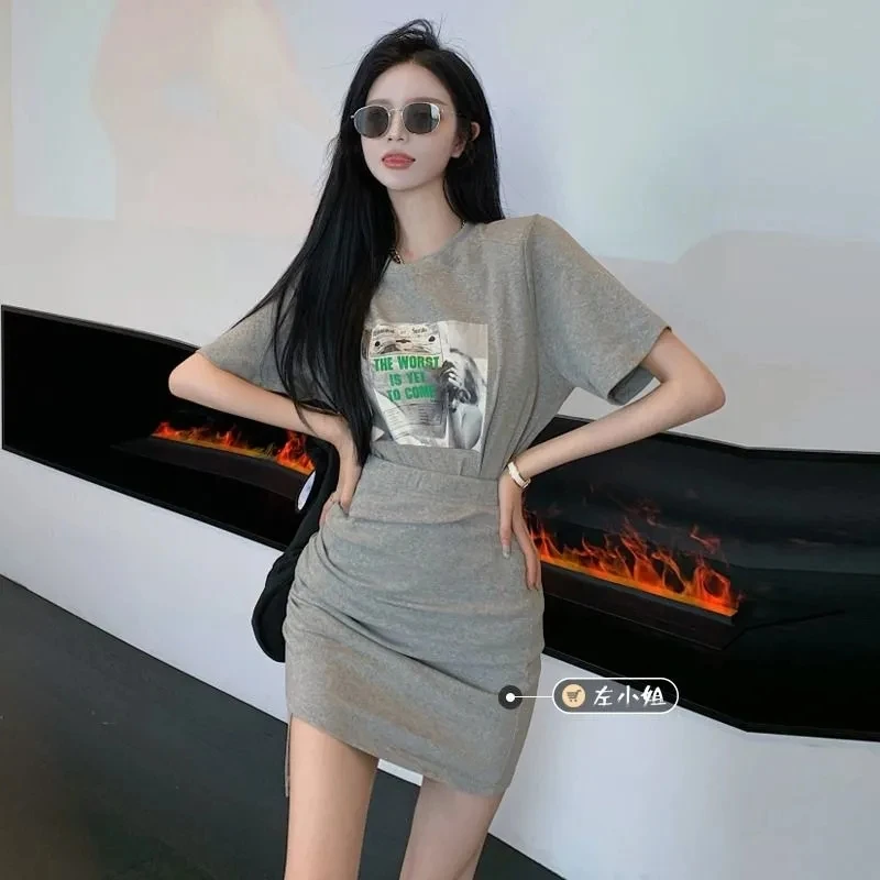 

Printing Loose T Shirt Dress Sets 2 Piece Set For Women Skirt And Top Summer 2021 Short Sets Pleat Skirts Korean Two Piece Set