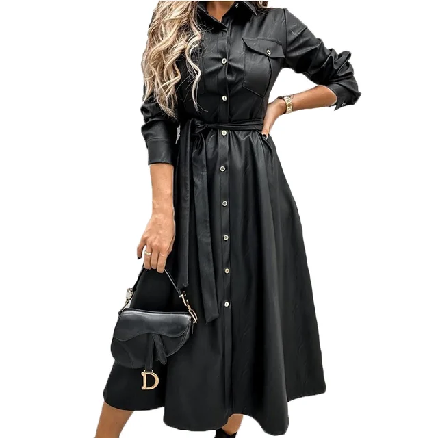 Women Office Lady PU A line Solid Turn Down Collar Single Breasted Sashes Black 2021 New Autumn Casual Party Chic Long Dress 3