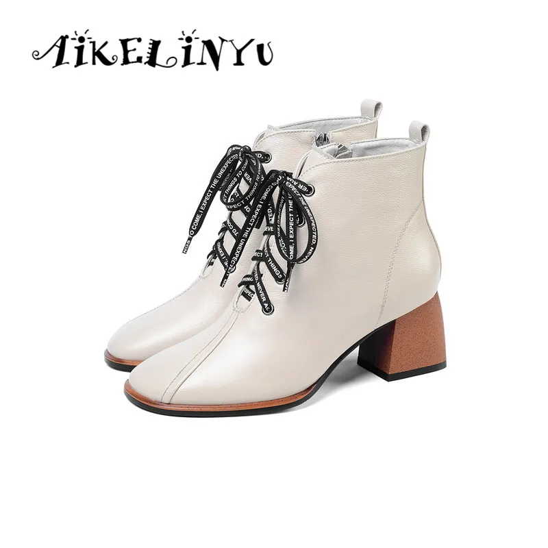 Aikelinyu/зимние ботинки; женские ботильоны с круглым носком; модные короткие женские ботинки на шнуровке и не сужающемся книзу массивном каблуке; женская обувь; большие размеры 33-43