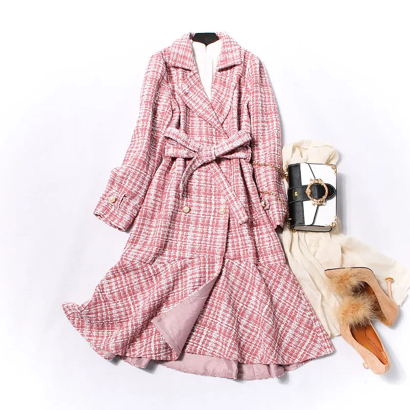 

Plaid Wool Coat Women Pink Winter Belt Woolen Overcoat Windproof Warm Elegant Autumn Ruffle Swallow Tail Designer Vintage Coat