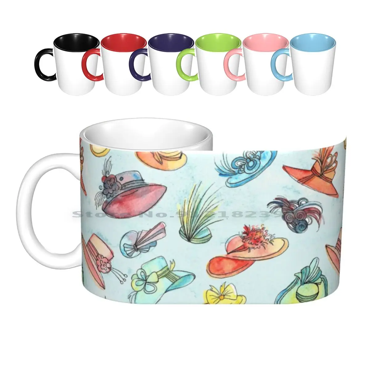 Patrón de acuarela pintado a mano-sombreros-ascuna Gavotte tazas de cerámica tazas de café leche té taza acuarela azul acuarela naranja