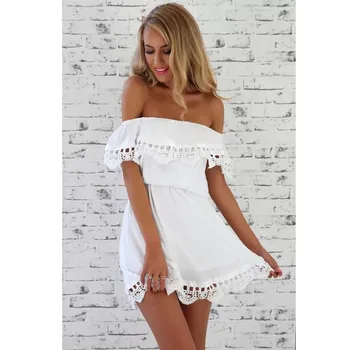 

Sexy Off Shoulder Ruffle Women Dress Lace Embroidery Gorgeous Dresses Solid Hollow out Elegant Short Dress Vestidos Female