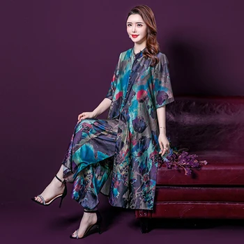 

2020 Retro Art Print Loose Leisure Wide Leg 2 Piece Set Dress Chinese Style Floral Dresses For Women Plus Size 4xl 5xl Middle