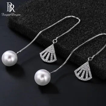 

Bague Ringen Simple Sterling Silver 925 Jewelry Drop Earrings Pearl Earrings for Women Beautiful Long Tassels Fan-shaped Earline
