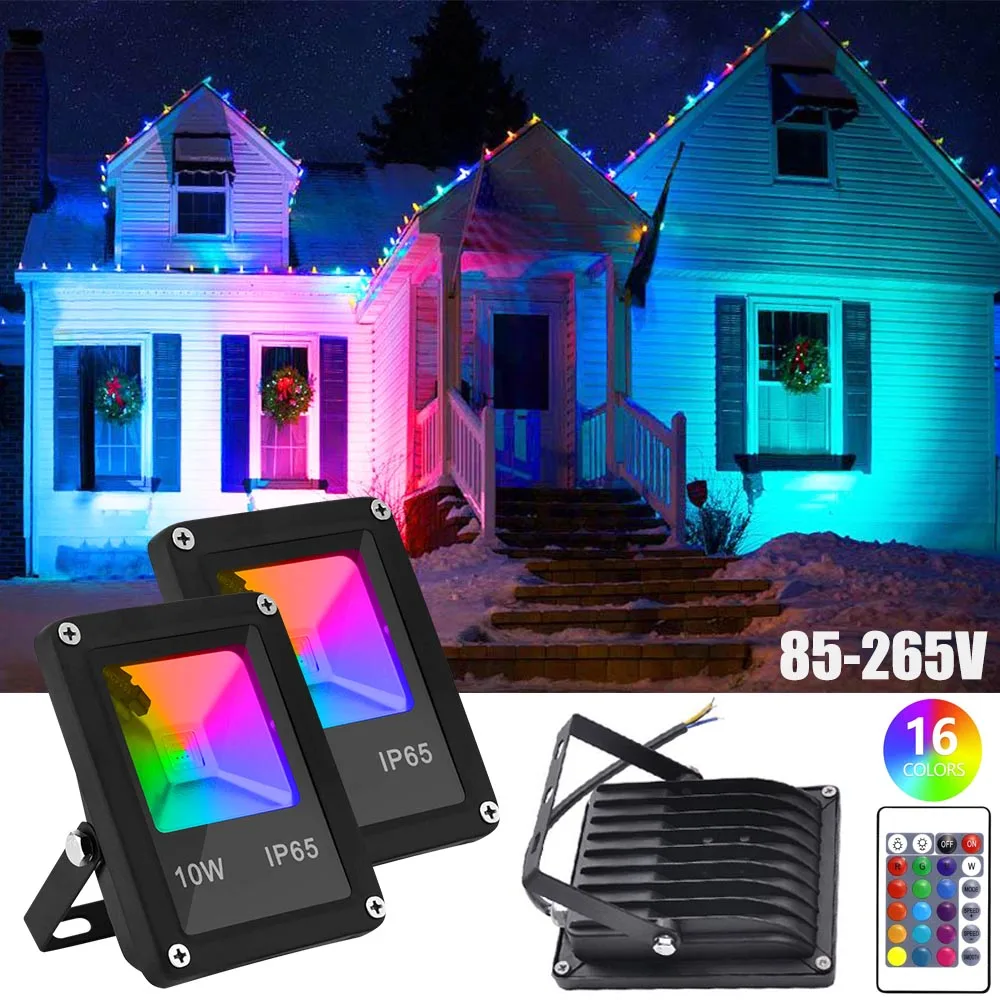 exterior led flood lights 10W Dimmable Remote Control RGB Flood Light Color Change Waterproof Street Wall Light  85-265V LED RGB Flood Light Party Decor solar powered flood lights