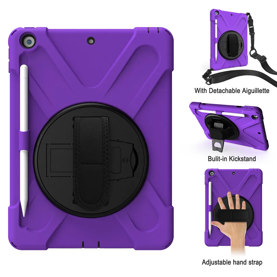 Case For New iPad 10.2 Pencil Holder Cover For iPad 10.2 7th Generation A2197 Kids Safe Shockproof Armor cover+Glass+Pen - Color: Purple